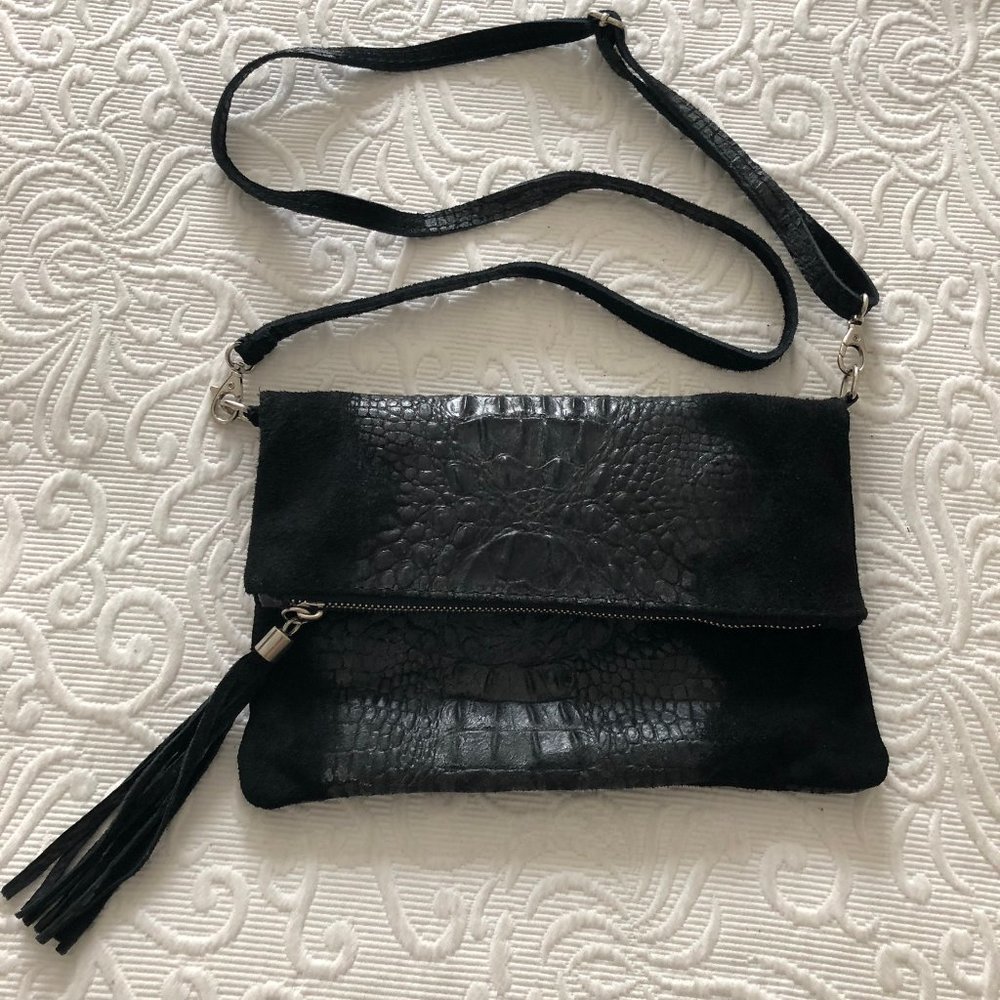 NEW Black Leather Croco Suede Zip Clutch Crossbody Detachable Strap Silver